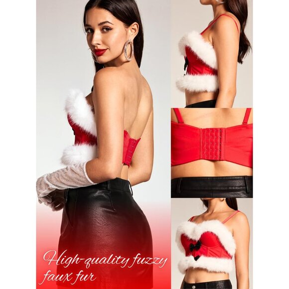 Women First Red Christmas Faux Fur Santa Corset Bow Bustier Crop Top - Picture 4 of 7